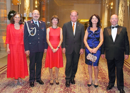 (From right) Ambassador Rolf Schulze, Petronella Schulze, Dr. Ingo Winkelmann, Ursula Allroggen, Military Attaché Ansgar Siebrecht and his wife Nicole wait to welcome the guests.